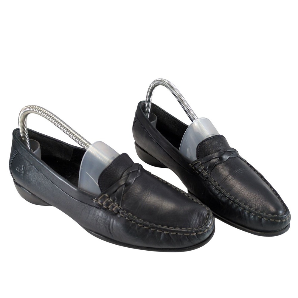 Ara Black Leather Loafers Women's US 8.5 Wide Handsewn Comfort Slip-On Shoes